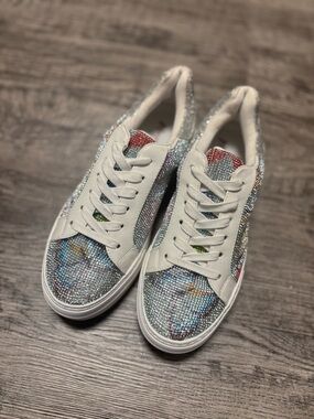 Betsey Johnson White Sneakers with Multicolor Crystal Accents